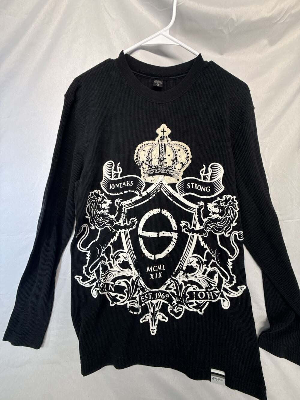 Vintage Sean John Thermal Long Sleeve Shirt Size Large Black Graphic Crown Shiel